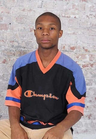 VINTAGE CHAMPION BIG LOGO V-NECK T-SHIRT BLUE ORANGE