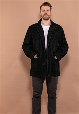 Vintage 90's Men Plaid Wool Blend Coat in Dark Grey