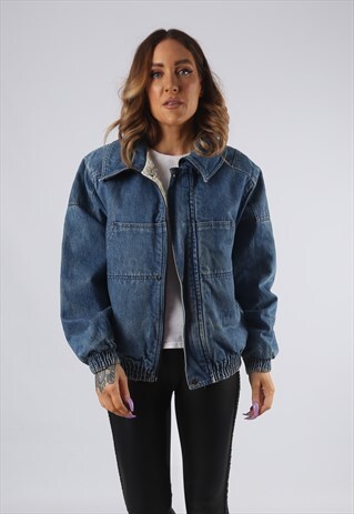 VINTAGE DENIM BOMBER JACKET SHERPA LINED UK 12 (9EAF)