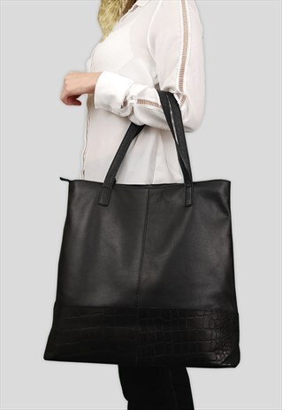 'SIENNA' BLACK SEMI SOFT UNLINED LEATHER TOTE BAG