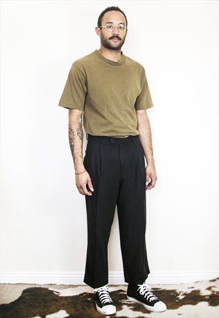 90S CLASSIC MINIMALIST BLACK WOOL PLEATED CROPPED TROUSERS