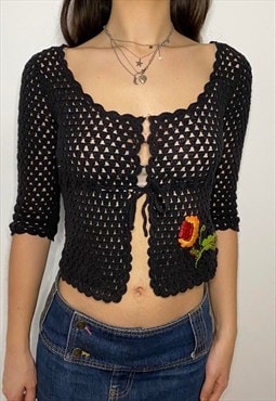 Y2K Vintage Black Crochet Flower Cardigan Top