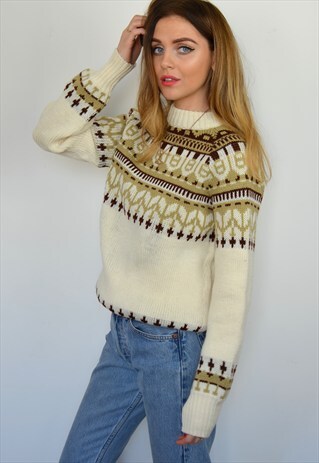 VINTAGE 70S CREAM & BROWN SCANDI KNITTED WOOL JUMPER