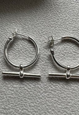 Sterling silver chunky drop hoop earring with t-bar