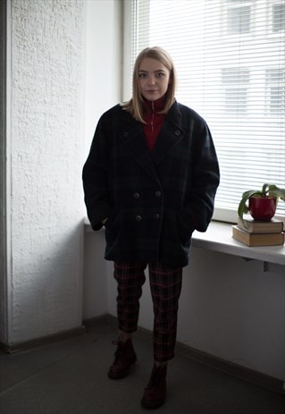 VINTAGE 80'S BLACK/GREEN CHECK WOOL DOUBLE BREASTED JACKET
