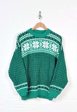 Vintage Knitted Jumper Retro Pattern Green Ladies Large