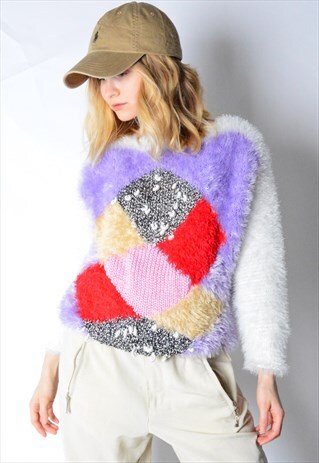 VINTAGE 80S WHITE COLOURFUL FUZZY JUMPER