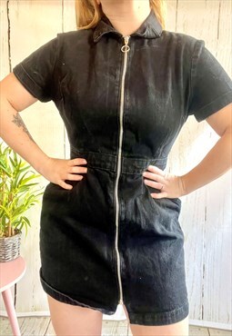 Vintage Black Denim Collared Zip Up 90's Mini Dress
