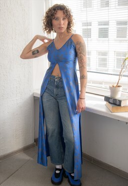 Vintage 80's Blue Shimmering Dragon Print Long Fit Top