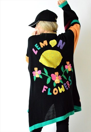 VINTAGE 80S COLOURFUL LINEN KNIT SASSY FLOWER CARDIGAN
