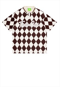 Check polo shirt rhombus print top in brown white