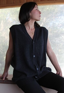 Vintage dark grey wool blend vest sweater,button up gilet.