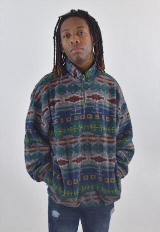 VINTAGE 90S BLUE RETRO PATTERNED 1/4 ZIP FLEECE