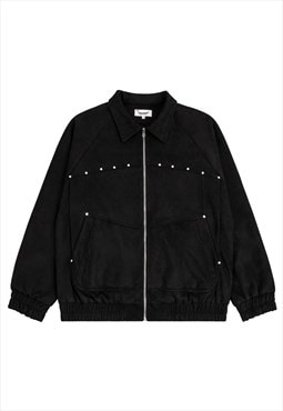 Velvet varsity jacket faux leather studded bomber in black