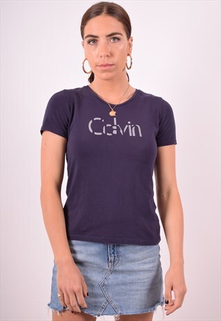 CALVIN KLEIN WOMENS VINTAGE T-SHIRT TOP LARGE NAVY BLUE 90S