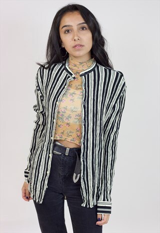 VINTAGE 90S BLACK AND BEIGE STRIPED GRANDFATHER COLLAR SHIRT