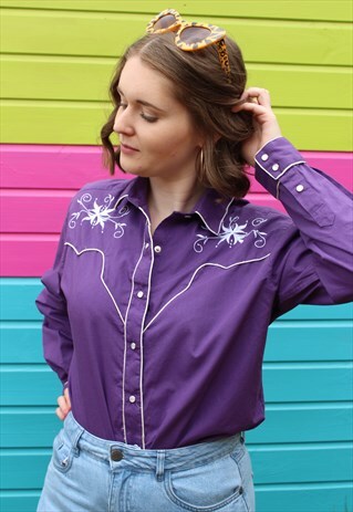 VINTAGE 80S PURPLE & WHITE FLORAL EMBROIDERED WESTERN SHIRT