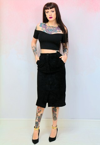 1980S VINTAGE JET BLACK REAL SUEDE MIDI SKIRT