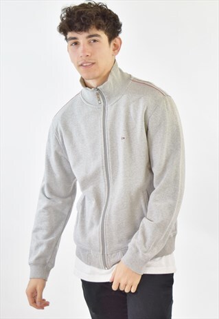 VINTAGE 90S GREY TOMMY HILFIGER ZIP UP TRACK TOP SWEATSHIRT