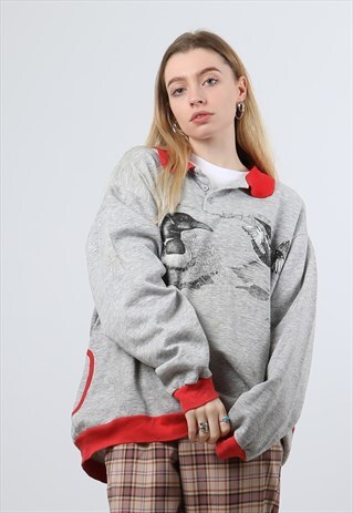 VINTAGE GREY LARGE PRINTED POLO SWEATSHIRT