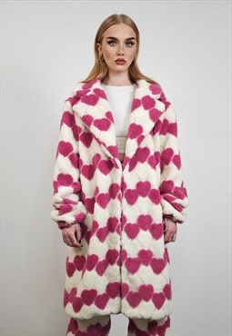 Pink heart fleece coat long fluff trench love pattern jacket