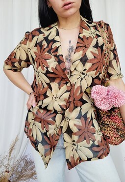 90s retro sheer brown floral short sleeve long blouse top