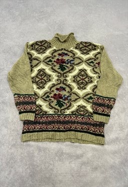 Vintage Knitted Jumper Abstract Flowers Patterned Knit