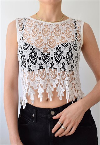 VINTAGE 80S 90S LACE CROCHET BOHO SHEER CROPPED TANK TOP