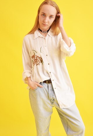 90'S RETRO NEUTRAL EMBROIDERY OVERSIZED SHIRT TOP