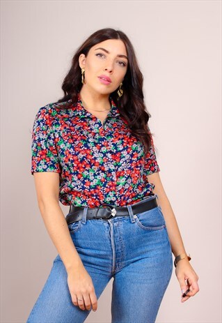 VINTAGE 90S FLORAL PRINT POINTED COLLAR BLOUSE