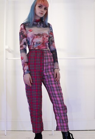HIGH WAIST TARTAN CHECK TROUSERS IN CONTAST PINKS
