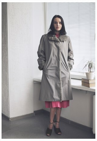 VINTAGE 60'S GREY FAUX FUR COLLAR COAT