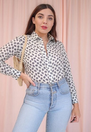 VINTAGE 70S CREAM BLOUSE IN LEAF PRINT
