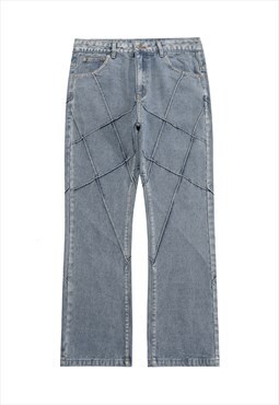 Distressed jeans cotrast line striped denim pants in blue