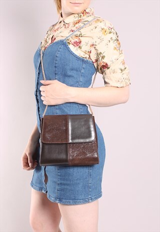 VINTAGE 80S BROWN FAUX LEATHER CROSS BODY BOX BAG