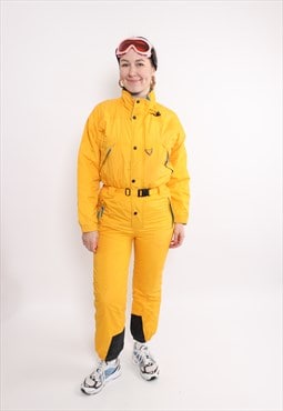 90s one piece ski suit, retro yellow snowsuit, vintage women