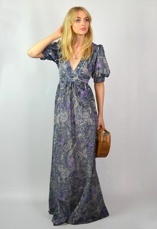 PREMIUM VINTAGE 70S BLUE METALLIC SILVER MAXI FESTIVAL DRESS