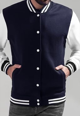 54 Floral Varsity Baseball Bomber Jacket - Navy Blue/White