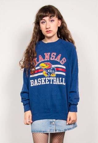 VINTAGE 80'S KANSAS BASKETBALL BLUE LONG SLEEVE SWEATSHIRT