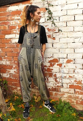 FAIRTRADE GREY & FADED RED BLOCK PRINT OVERALLS DUNGAREES