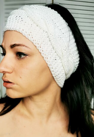 MERINO WOOL HANDMADE KNITTED WINTER HEADBAND IN WHITE