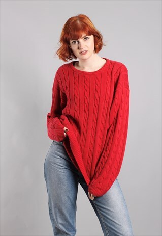 VINTAGE 80S RED CABLE KNIT OVERSIZE JUMPER