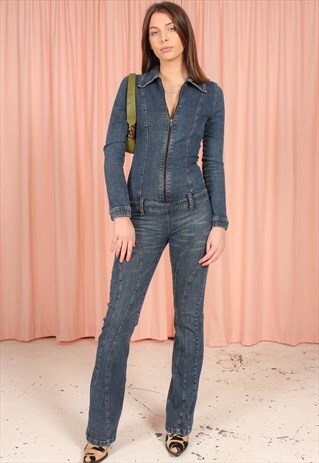 VINTAGE Y2K LONG SLEEVE DENIM JUMPSUIT IN DARK WASH