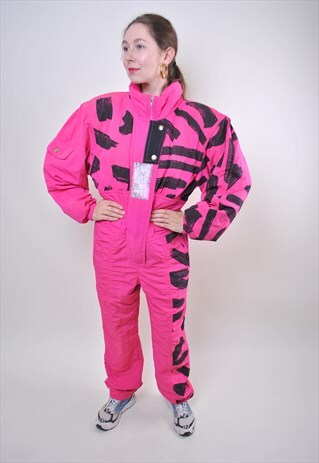 80S PINK PATTERN ONE PIECE SKI SUIT, WOMAN HOODED SNOW SUIT