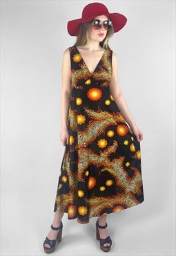 70's Ladies Black Floral Retro Print Sleeveless Midi Dress