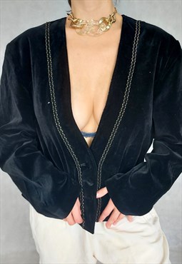 1980's Vintage Black Velvet Jacket, Large Size Blazer
