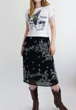 Vintage 80s Black Luisa Spagnoli Beaded Midi Skirt