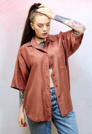 1990S VINTAGE RUST BROWN PURE SILK SHORT SLEEVE SHIRT