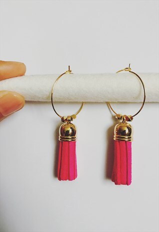 PINK LARGE TASSEL GOLD HOOP EARRINGS