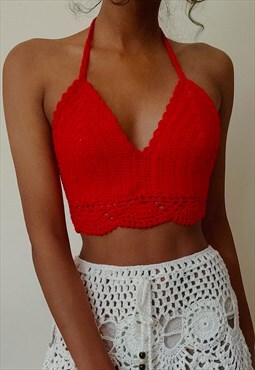 Elvinia Red Crochet partywear tie back crop top 